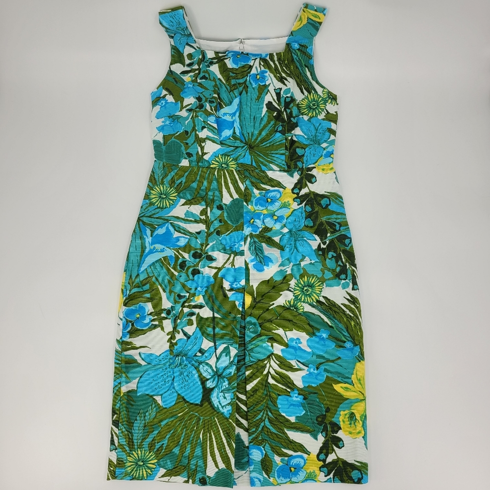 Talbots Dress Teal Green Floral Sleeveless Sheath Classic MCM 50s 60s Size 10